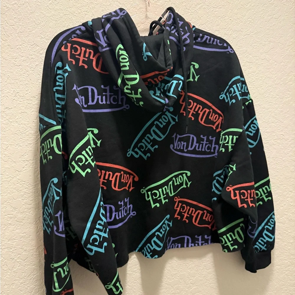 Von Dutch Women's Black Crop Hoodie with Colorful Logo Pattern size L - Picture 5 of 7